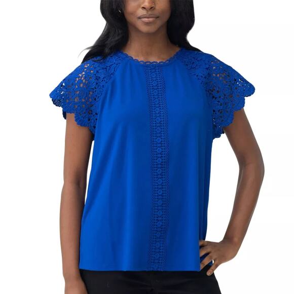 NWT Cable & Gauge Women's Lace Trim Flutter Sleeves Top Blouse - Picture 1 of 4